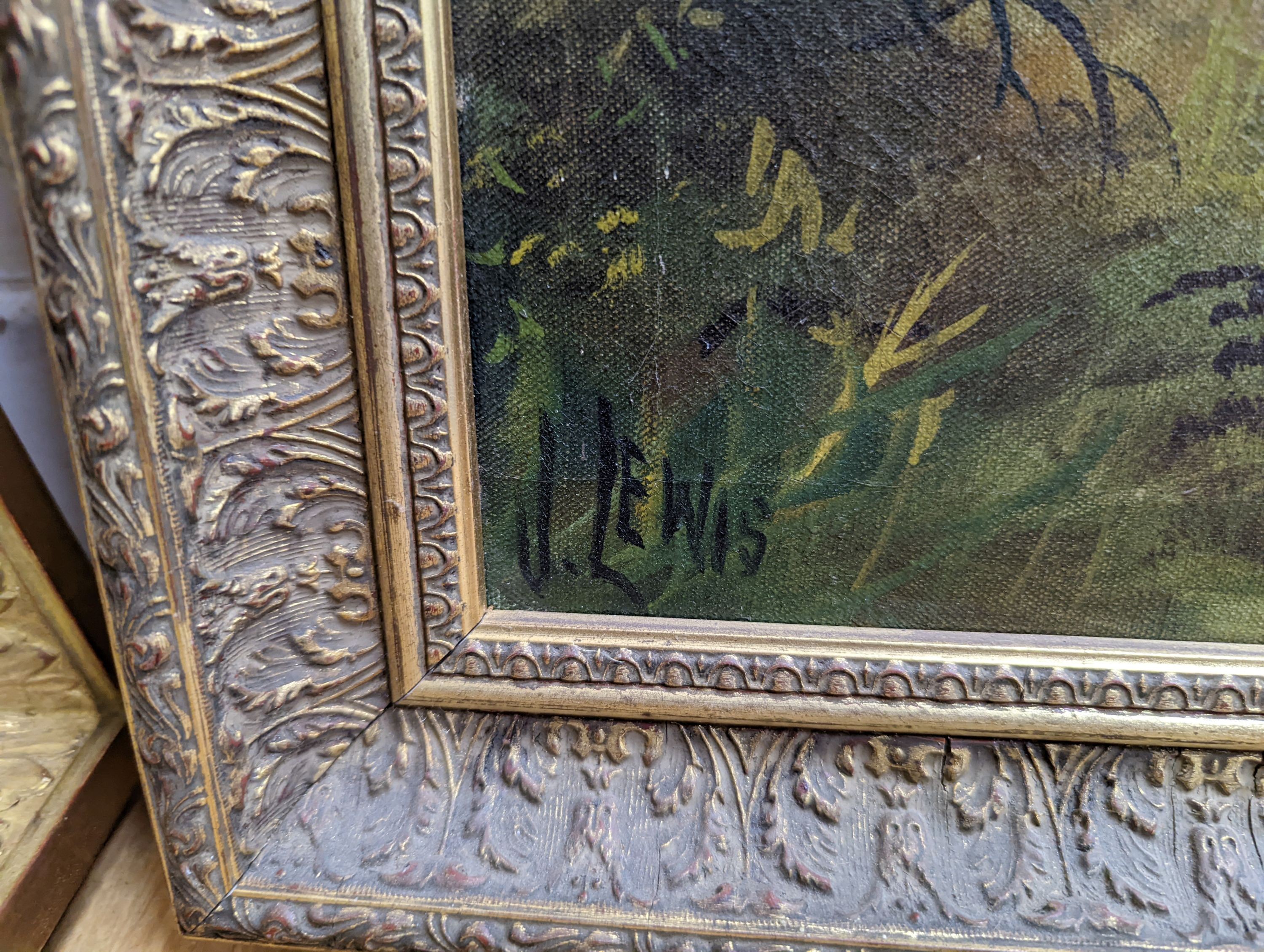 J. Lewis, oil on canvas, Deer in woodland, signed, 60 x 100cm